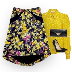 Karen Millen Black and Yellow Floral A-Line Skirt